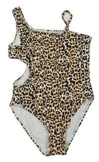 Smetanovo-černo-světleoranžové vzorované jednodílné asymetrické plavky s průstřihem ONLY 