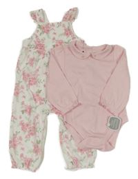 Nové - 2Set - Bílé sametové laclové tepláky s kytičkami a volánky + světlerůžové body s límečkem 
