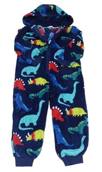 Tmavomodrá chlupatá kombinéza s dinosaury a kapucí M&S