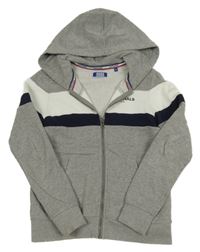 Šedo-bílo-tmavomodrá propínací mikina s nápisem a kapucí Jack & Jones
