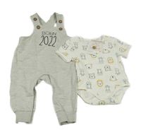 Nové - 2set - Světlešedé pruhované laclové tepláky s číslem + smetanové body se zvířaty Topomini