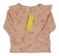 Nové - Růžové květované žebrované triko s volánem Shein