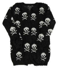 Černý chlupatý svetrový cardigan s lebkami