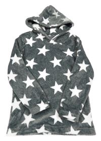 Šedo-bílá chlupatá oversize mikina s hvězdami a kapucí 
