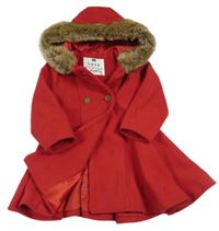 Červený flaušový kabát s kapucí s kožešinou F&F