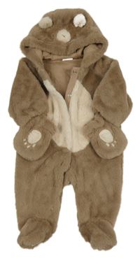 Hnědá kožešinová podšitá kombinéza s kapucí + rukavice Next