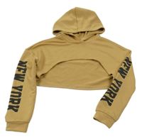 Béžová crop mikina s nápisem na rukávech a kapucí 