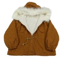 Hnědá zateplená manšestrová bunda s kapucí 