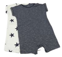 Nové - 2x kraťasový overal - bílý s hvězdami + tmavomodrý pruhovaný Next