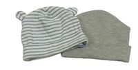 2set - 2x Čepice - šedá + modro-bílá pruhovaná žebrovaná s oušky 