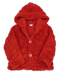 Červená chlupatá bunda s kapucí 