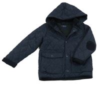 Tmavomodrá šusťáková zateplená prošívaná bunda s kapucí Next