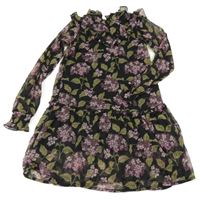 Černo-fialovo-zelené květované šaty s volánky 