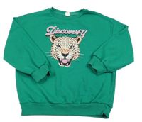 Zelená mikina s gepardem a nápisy Shein