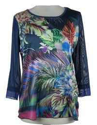 Dámské tmavomodré květované triko s tylovými rukávy 