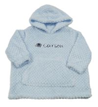 Světlemodrá chlupatá oversize mikina s nápisem a kapucí 