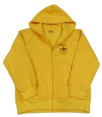 Žlutá propínací mikina s potiskem a kapucí 