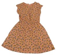 Hnědo-růžové bavlněné šaty s květinami C&A