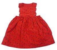 Červené puntíkaté manšestrové laclové šaty s kytičkami zn. Mothercare