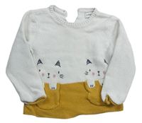 Bílo-hořčicový svetr s kočkami F&F