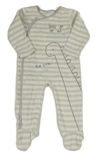 Světlešedo-bílý pruhovaný fleecový overal s dinosaurem George