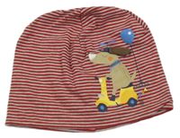 Červeno-šedá pruhovaná čepice se psem 