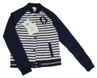 Nové - Tmavomodro-bílá pruhovaná propínací mikina s aplikací