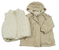 2set - Béžová šusťáková jarní bunda + bílá květovaná šusťáková vesta Topolino