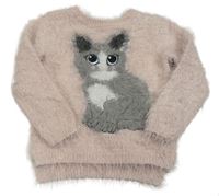 Světlerůžový chlupatý svetr s kočkou H&M