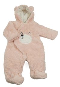 Světlerůžová chlupatá zateplená kombinéza s medvídkem a kapucí 