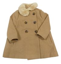 Béžový flaušový podšitý kabát s kožešinovu F&F