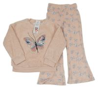 Nové - Broskvové sametovo/huňaté pyžamo s motýly F&F