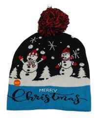 Nové - Černo-tyrkysová pletená čepice se sněhuláky 