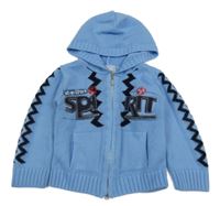 Modrý propínací svetr s nápisem a kapucí Guven