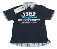 Nové - Tmavomodré tričko s nápisem a všitou košilí C&A