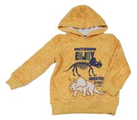 Žluto-béžová vzorovaná fleecová mikina s dinosaury s kapucí Kids