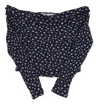 Tmavomodré žebrované květované crop triko H&M