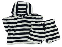 2Set - Černo-bílé pruhované froté tričko s kapucí + kraťasy 