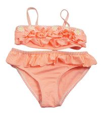 Neonově oranžovo-bílé pruhované krepové dvoudílné plavky s květy a volánky PRIMARK