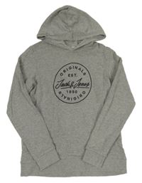 Šedá melírovaná mikina s logem a kapucí JACK&JONES