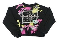 Černá oversize crop mikina s nápisy a srdíčky a drahokamy a kamínky a skvrnkami zn. RIVER ISLAND