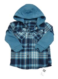 Nové - modro-tmavomodro-bílá kostkovaná košile s teplákovými rukávy a kapucí St. Bernard