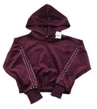 Nové - tmavovínová plyšová crop mikina s pecičkami a kapucí George