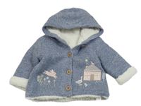 Modro-bílý melírovaný pletený propínací zateplený svetr s domečkem a zvířátky kapucí Nutmeg