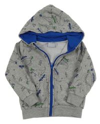 Šedá melírovaná propínací mikina s dinosaury a kapucí POCOPIANO