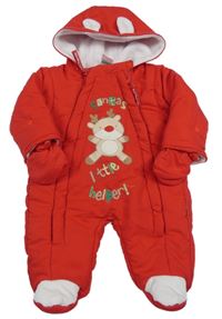 Červená šusťáková zimní kombinéza se sobem a kapucí s oušky + rukavice Just too Cute
