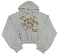 Šedá melírovaná crop mikina s nápisy a vážkami a kapucí H&M