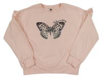 Světlerůžová oversize mikina s motýlkem a flitry a volánky F&F