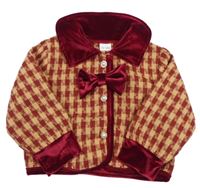 Karamelovo-tmavočervená kostkovaná/vzorovaná crop bunda s mašlí a límečkem 