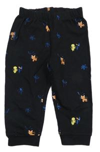 Černé tepláky se zvířátky a palmami 